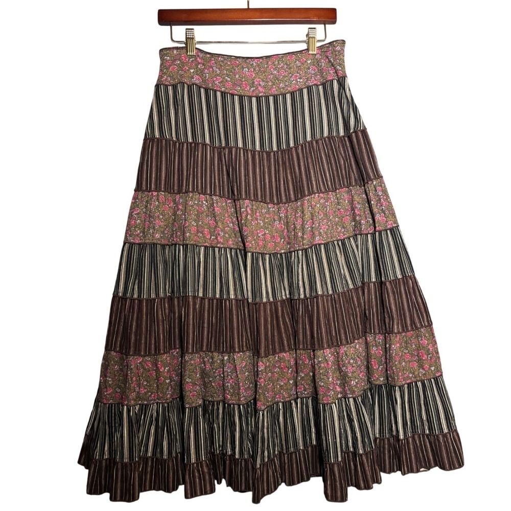 Lapis Womens M Corduroy Tiered Maxi Skirt Floral Striped Boho A-Line Cottagecore